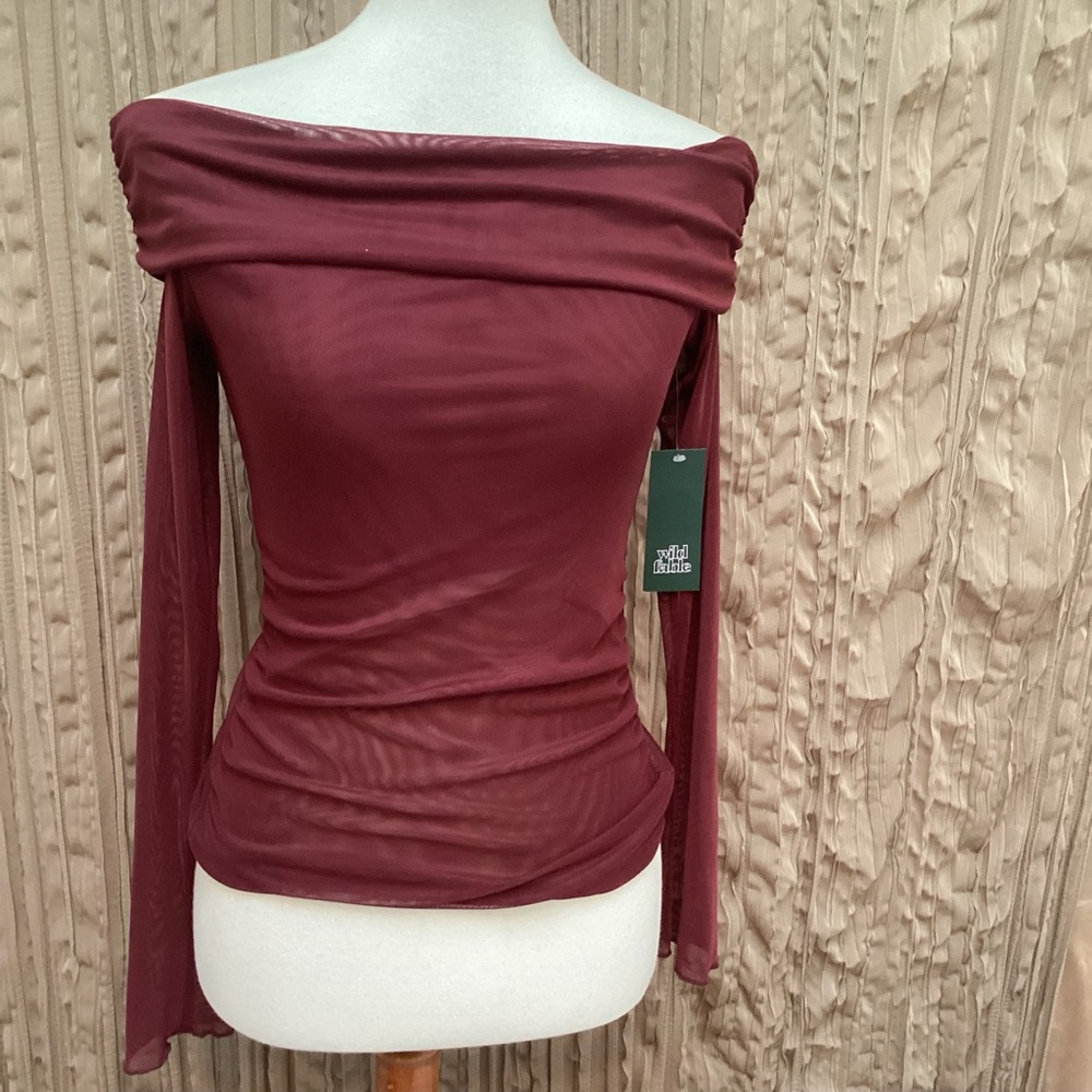 Wild Fable 🆕 Off-Shoulder Burgundy Long Sleeve Mesh Top, lined top, stretchy, Sm